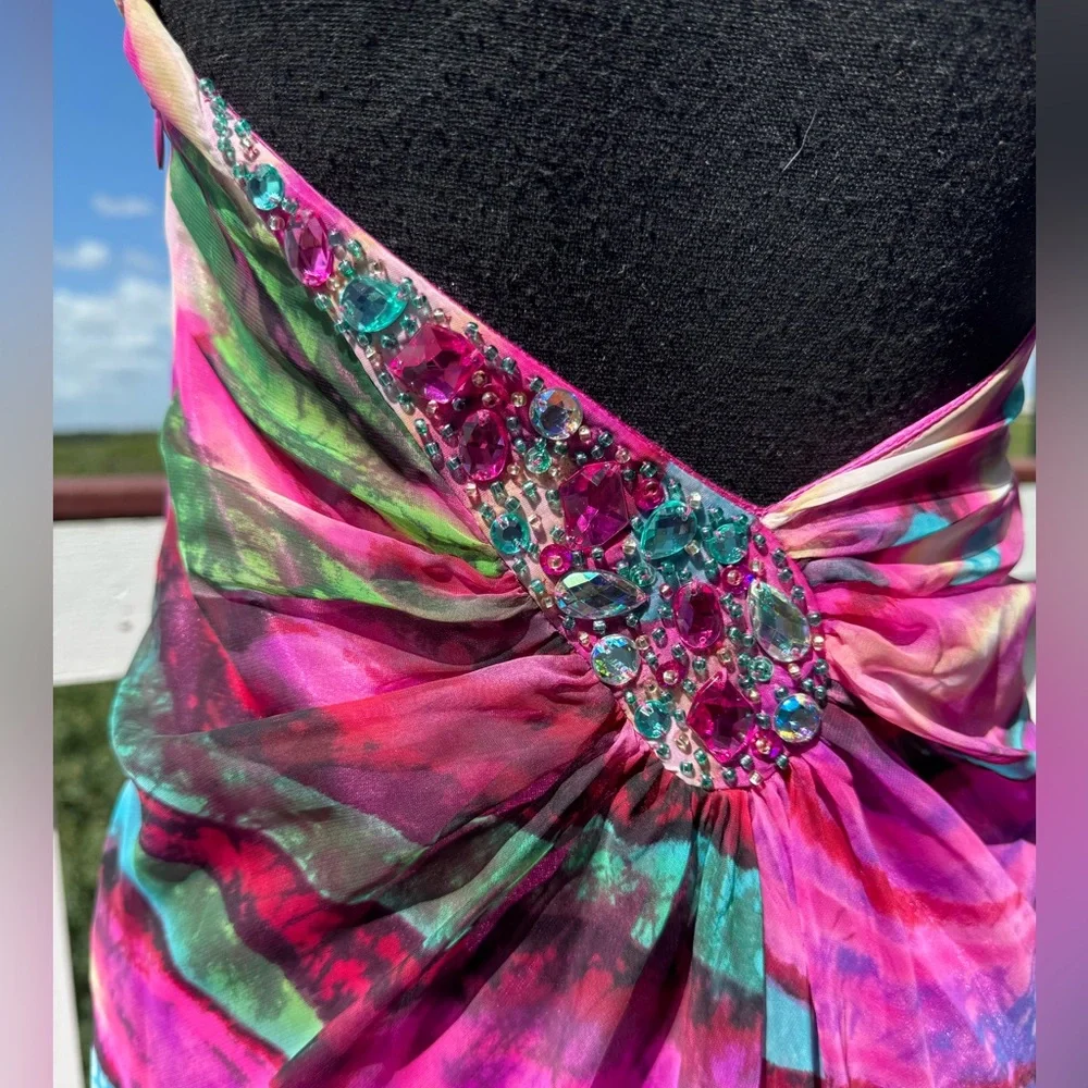 Bebe Darlin‎ Multicolor Rhinestone One Shoulder Gown